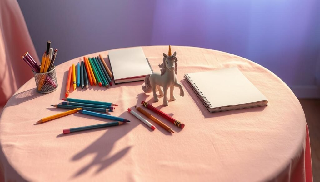 a table covered in a soft pink fabric, on which are arranged various drawing supplies - colored pencils, markers, sketchbooks, and a unicorn figurine standing guard over the creative tools. The supplies are neatly organized, casting soft shadows on the table's surface. The lighting is warm and diffused, creating a cozy, whimsical atmosphere. In the background, a pastel gradient of blues and purples suggests a magical, dreamlike setting, hinting at the unicorn's mythical origins. The overall composition is balanced and inviting, drawing the viewer's eye to the array of drawing materials ready to bring the unicorn's story to life.