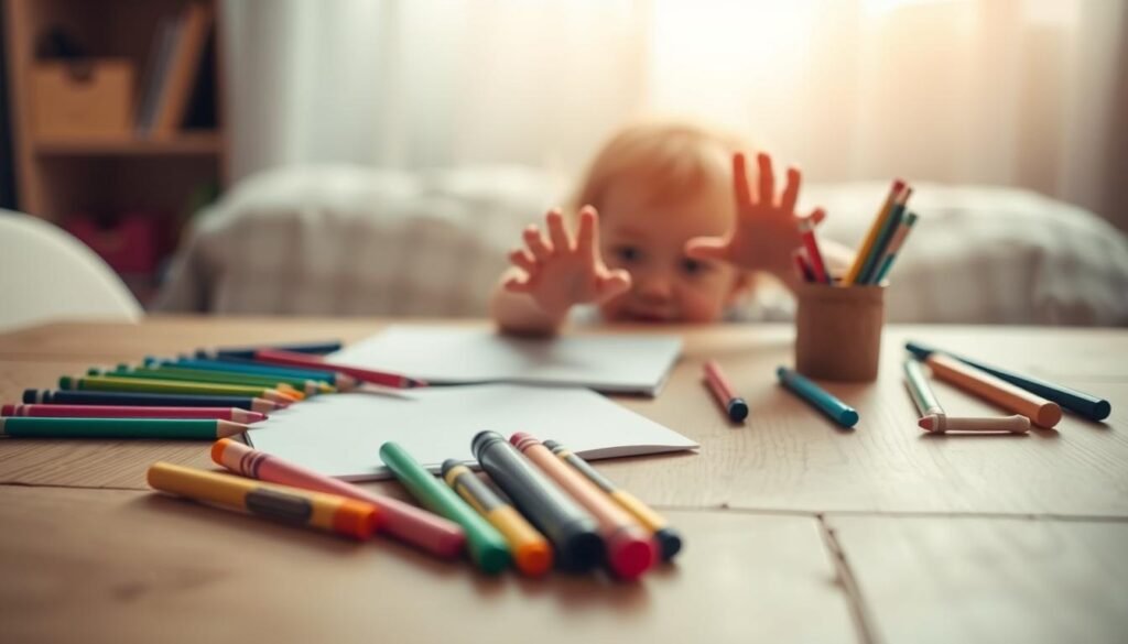 baby drawing materials, a cozy and inviting scene: a wooden table with a soft, textured surface, gently lit from above by a warm, diffused light. In the foreground, an array of art supplies – colorful crayons, pencils, markers, and a small sketchpad – arranged in an organic, playful manner. The middle ground features a pair of tiny, chubby hands reaching for the drawing materials, capturing the innocent curiosity and wonder of a young child. The background is blurred, creating a sense of focus and emphasis on the essential elements of the creative process. The overall mood is one of simplicity, joy, and the pure delight of self-expression through drawing. baby drawing materials, a cozy and inviting scene: a wooden table with a soft, textured surface, gently lit from above by a warm, diffused light. In the foreground, an array of art supplies – colorful crayons, pencils, markers, and a small sketchpad – arranged in an organic, playful manner. The middle ground features a pair of tiny, chubby hands reaching for the drawing materials, capturing the innocent curiosity and wonder of a young child. The background is blurred, creating a sense of focus and emphasis on the essential elements of the creative process. The overall mood is one of simplicity, joy, and the pure delight of self-expression through drawing.