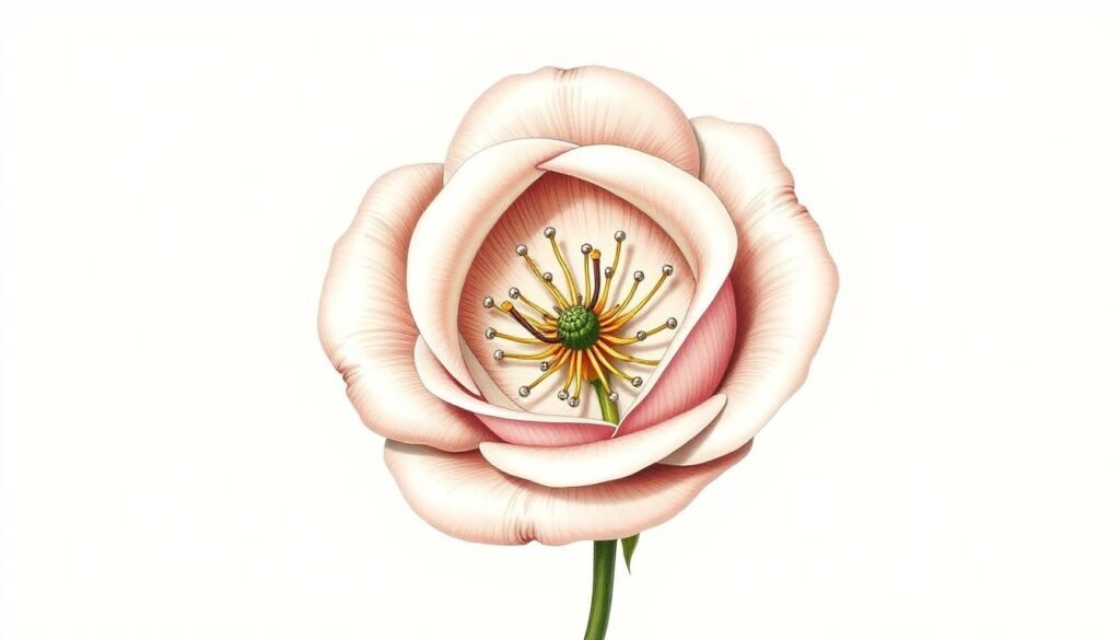 detailed botanical illustration of the basic structure of a rose flower, showing the central pistil, surrounding stamens, and enclosing petals in a cutaway view, rendered in a realistic, scientific style with precise anatomical details, against a clean, simple background with soft, neutral lighting to emphasize the form and texture of the rose components