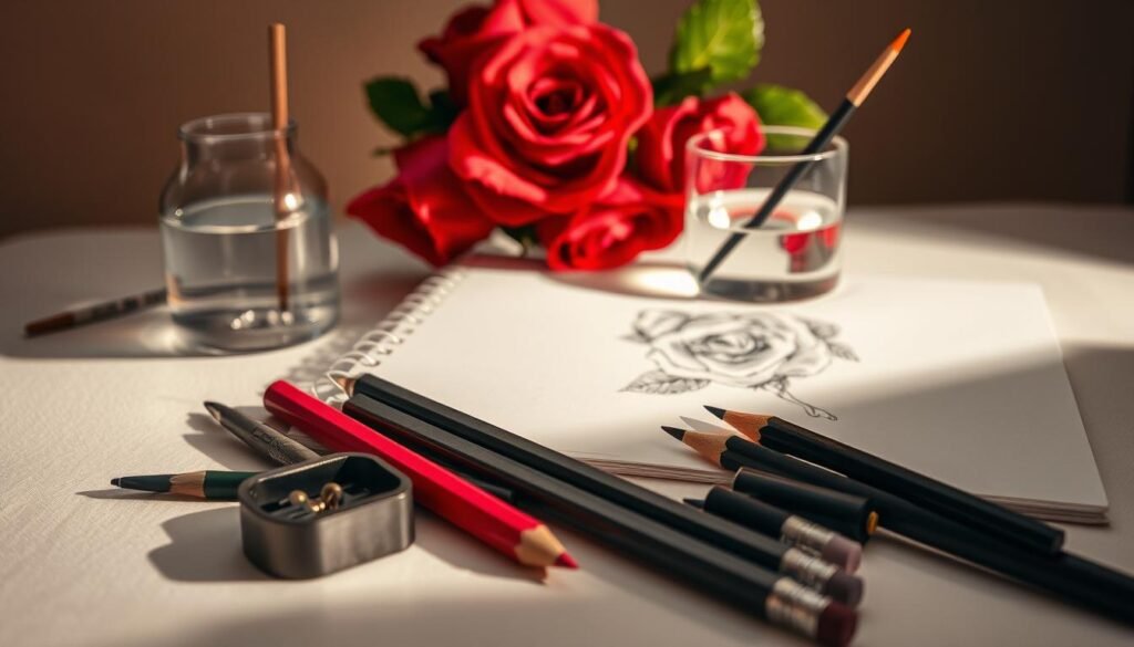 A beautifully lit still life arrangement showcasing the essential drawing materials for creating a detailed rose illustration. In the foreground, a sketchpad with crisp white pages, a set of high-quality graphite pencils in varying degrees of hardness, and a precision pencil sharpener. In the middle ground, a glass jar filled with clear water and a delicate paintbrush for subtle shading. In the background, a vase of freshly cut red roses, their soft petals and lush greenery providing natural inspiration for the artist. Warm, directional lighting casts gentle shadows, emphasizing the textures and shapes of the drawing tools. The overall mood is one of creative focus and artistic potential.