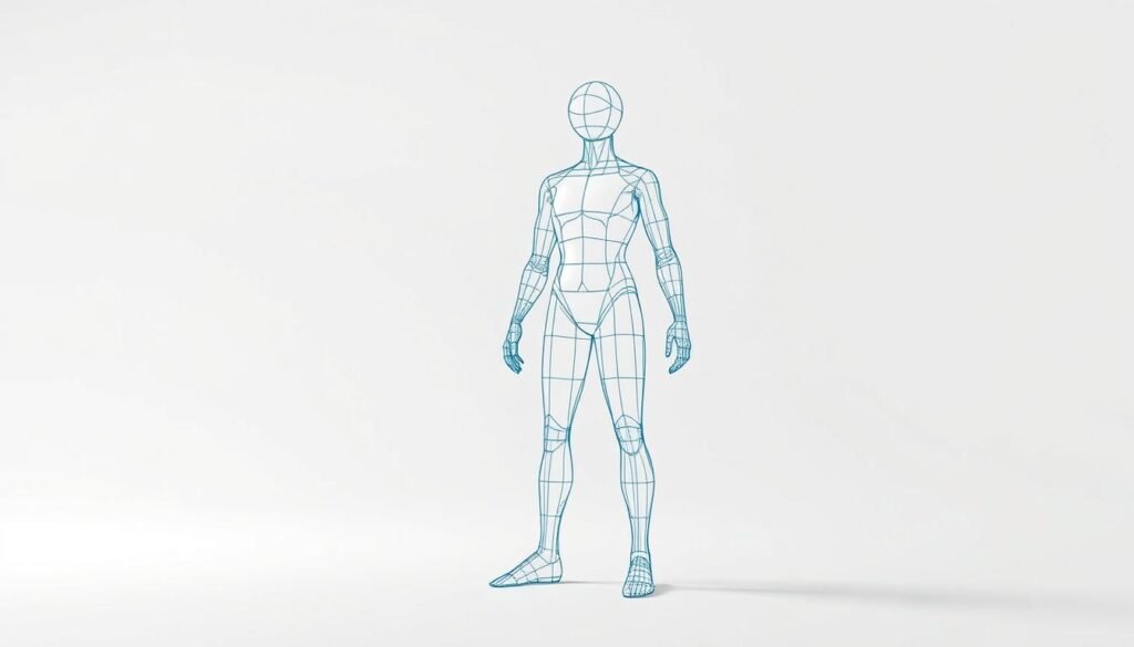 A blueprint-like rendering of the basic geometric forms - cube, cylinder, sphere, and pyramid - composing the wireframe structure of a human figure. The forms are depicted in a simple, clean line art style with a muted, technical color palette of grays and blues, creating a sense of technical precision. The figure is placed in a minimalist setting, with a plain white background to emphasize the structural elements. Soft, directional lighting accentuates the 3D forms, casting subtle shadows to enhance the depth and volume. The overall aesthetic evokes a sense of engineering, architecture, and the fundamental principles of figure drawing.