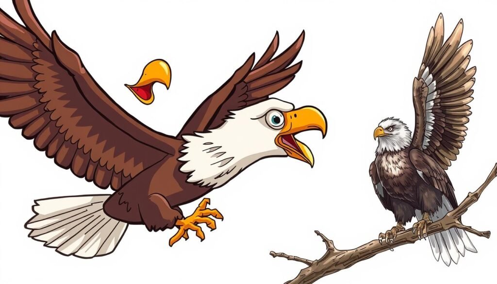 A cartoon eagle soaring gracefully in the foreground, bold and vibrant colors, exaggerated features, a playful and whimsical mood. In the background, a highly detailed, photorealistic eagle perched on a branch, with intricate feather textures, natural lighting, and a sense of tranquil realism. The two drawing styles juxtaposed, showcasing the spectrum of artistic interpretations of the majestic bald eagle. Captured with a wide-angle lens to emphasize the contrast between the cartoon and realistic depictions.
