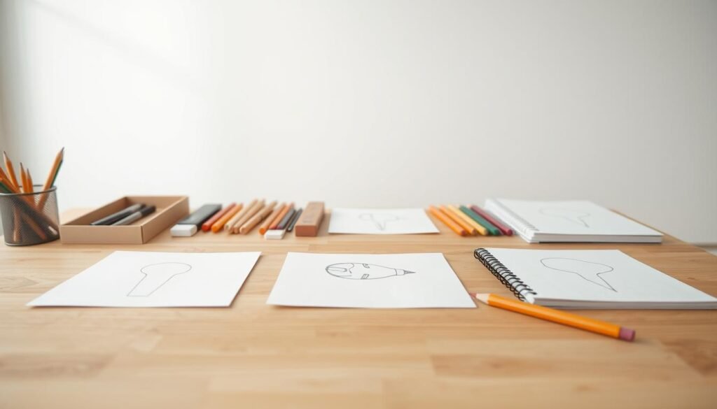 A clean, well-lit studio setting with a wooden table in the foreground, displaying a series of simple sketching exercises. In the middle ground, various drawing implements such as pencils, erasers, and sketchpads are neatly arranged. The background features a plain white wall, creating a minimalist and focused composition. The lighting is soft and diffused, emphasizing the details of the drawing tools and the simplified illustrations on the sketchpads. The overall mood is one of concentration and artistic exploration, inviting the viewer to engage in the step-by-step process of skill-building through drawing. A clean, well-lit studio setting with a wooden table in the foreground, displaying a series of simple sketching exercises. In the middle ground, various drawing implements such as pencils, erasers, and sketchpads are neatly arranged. The background features a plain white wall, creating a minimalist and focused composition. The lighting is soft and diffused, emphasizing the details of the drawing tools and the simplified illustrations on the sketchpads. The overall mood is one of concentration and artistic exploration, inviting the viewer to engage in the step-by-step process of skill-building through drawing.