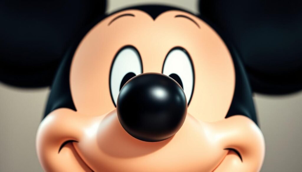 A close-up portrait of Mickey Mouse's iconic facial features, captured in a clean, minimalist style. The subject is centered, lit by soft, natural lighting that emphasizes the rounded shapes and expressive details. Mickey's large, circular eyes with shimmering white reflections convey a sense of wonder and charm. His distinctive black button nose and curved, smiling mouth are rendered with precise, crisp lines. The overall effect is a study in the timeless design and captivating character of this beloved Disney mascot.