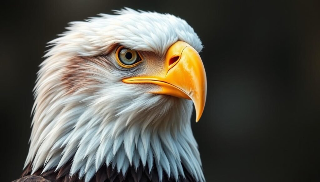 A close-up portrait of a majestic bald eagle, its feathers illuminated by soft, directional lighting. Capture the intricate textures and contours of the eagle's head, beak, and eyes, using a combination of delicate shading and minute details to convey the depth and dimensionality of its features. Render the plumage with a mix of precise brushwork and subtle gradients, highlighting the striking contrast between the bird's dark feathers and stark white head. Situate the eagle against a blurred, ethereal background to emphasize the subject and create a sense of artistic focus.
