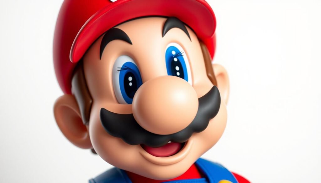 A close-up portrait of the iconic features that define the classic Mario character from the Super Mario video game franchise. Detailed rendering of Mario's signature mustache, red cap, and overalls against a plain white background, with soft, even lighting from the front to highlight the recognizable details. Capture the character's playful, mischievous expression and vibrant, cartoon-like aesthetic to evoke the whimsical spirit of the Mario universe.