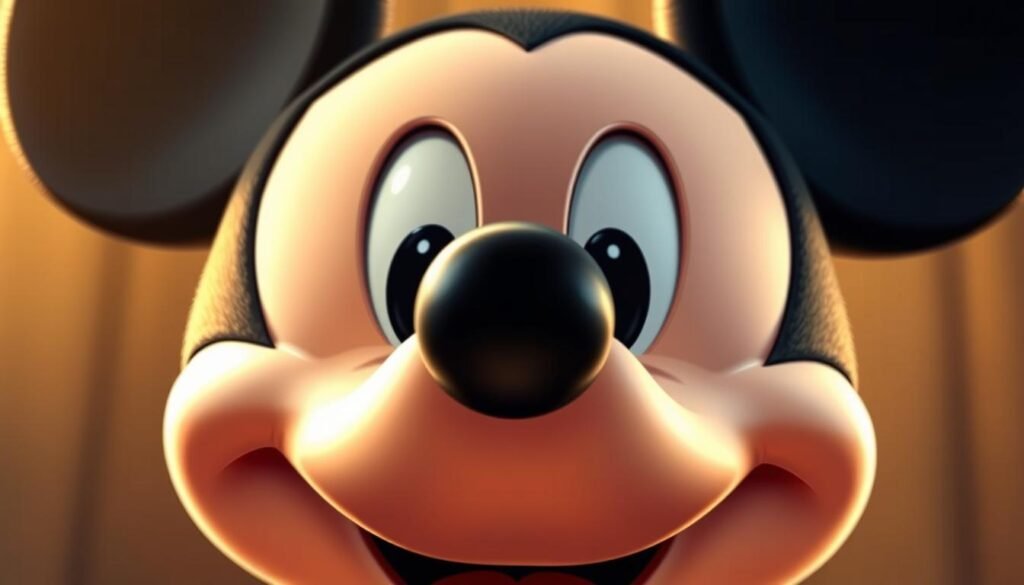 A close-up shot of Mickey Mouse's iconic facial features, rendered in a highly detailed and realistic style. The scene is bathed in soft, warm lighting, creating a sense of depth and dimensionality. Mickey's expressive eyes, rounded ears, and distinctive button nose are the focal points, captured with meticulous attention to detail. The image showcases the classic character's playful and whimsical essence, inviting the viewer to engage with the timeless Disney icon. The overall composition is well-balanced, highlighting the key facial elements in a manner that would be suitable for a step-by-step drawing guide.
