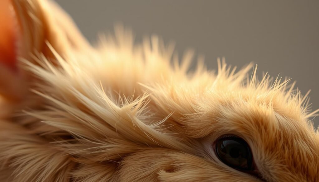 A close-up study of a rabbit's fur texture, showcasing intricate shading and detail. In the foreground, a soft, plush coat with delicate wisps and strands, illuminated by warm, diffused lighting. The mid-ground captures the intricate patterns and undulations of the fur, with subtle highlights and shadows defining the individual hairs. In the background, a muted, blurred backdrop allows the rabbit's fur to be the focal point, drawing the viewer's attention to the tactile quality of the subject. Employ a shallow depth of field to create a sense of intimacy and focus on the rabbit's enchanting features.