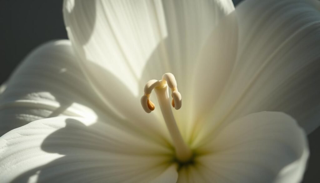 A close-up view of a delicate white lily flower, its petals rendered with intricate shading and texturing techniques. The lighting is soft and directional, casting subtle shadows that accentuate the flower's dimensional forms and velvety surfaces. The background is slightly blurred, keeping the focus on the intricate details of the lily's structure - the subtle ridges, the gradients of light and shadow, the wispy stamen protruding from the center. The overall mood is one of tranquil, elegant beauty, inviting the viewer to appreciate the elegant complexity of this natural wonder.