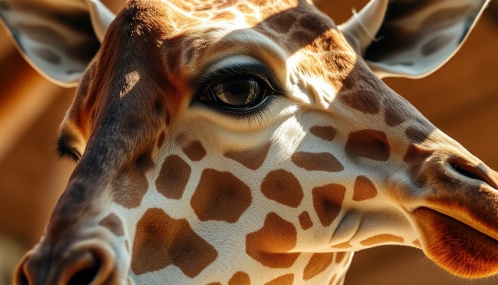 A close-up view of a giraffe's head, showcasing the intricate patterns and textures of its skin. The subject is illuminated by soft, natural lighting, creating a warm and inviting atmosphere. The focal point is the giraffe's eye, capturing its gentle yet intense gaze. The image highlights the delicate details of the animal's features, such as the long eyelashes, the intricate network of wrinkles, and the unique, spotted fur. The background is subtly blurred, allowing the viewer to focus on the captivating details of the giraffe's face. The overall composition emphasizes the beauty and complexity of the giraffe's unique physiognomy.