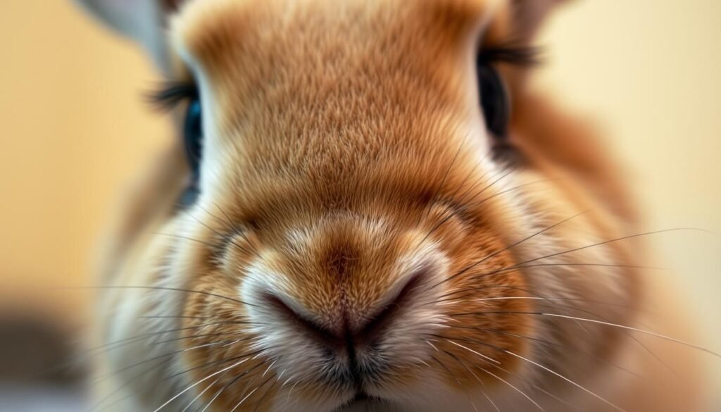 A close-up view of a rabbit's face, showcasing various shading techniques. The rabbit's fur has a soft, velvety texture, with delicate highlights and shadows accentuating the contours of its features. The lighting is soft and diffused, creating a warm, atmospheric mood. The camera angle is slightly elevated, giving a slightly downward perspective that emphasizes the rabbit's expressive eyes and nose. The background is blurred, keeping the focus on the intricate details of the rabbit's face and the masterful use of shading to create depth, volume, and a sense of realism.