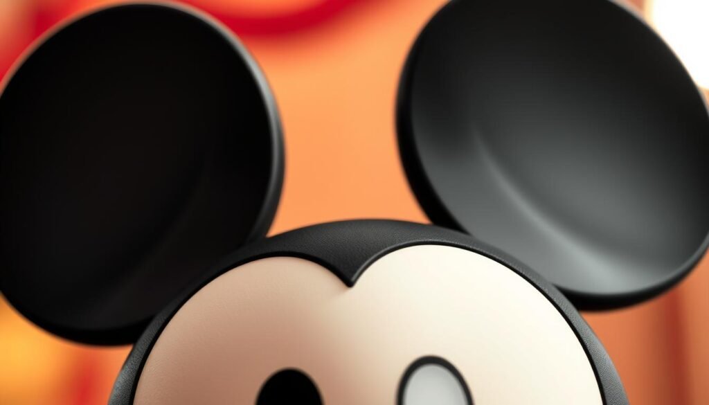 A close-up view of the top of a cartoon character's head, with Mickey Mouse's iconic ears placed in the perfect position. The ears are rendered in a classic black-and-white color scheme, with a smooth, rounded shape and a slightly textured surface. The lighting is soft and diffused, creating a warm, inviting atmosphere. The focus is sharp on the ears, with a slight blur in the background to emphasize the subject. The overall composition is balanced and centered, showcasing the iconic Mickey Mouse ears in all their glory.