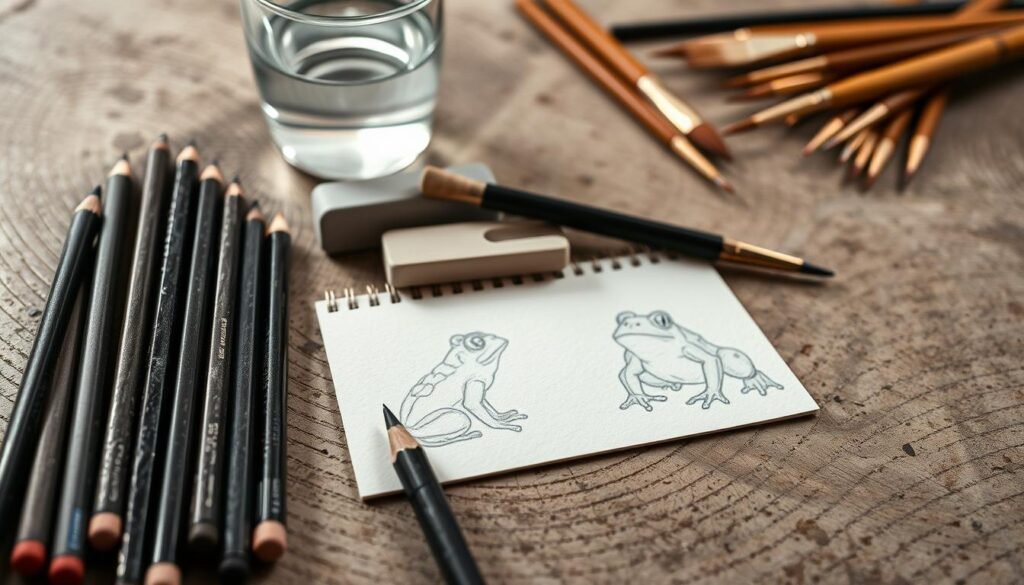 A collection of essential frog drawing tools arranged on a rustic wooden surface. In the foreground, an array of graphite pencils, charcoal sticks, and fine-tipped pens in varying thicknesses. In the middle ground, a small sketchpad with rough, textured pages, a kneaded eraser, and a blending stump. In the background, a cup filled with water and a handful of paintbrushes of different sizes, their bristles gently fanning out. The lighting is soft and diffused, casting subtle shadows and highlights that accentuate the textures of the materials. The overall mood is one of a peaceful, focused creative process, inviting the viewer to imagine the next steps in sketching a whimsical, expressive frog.