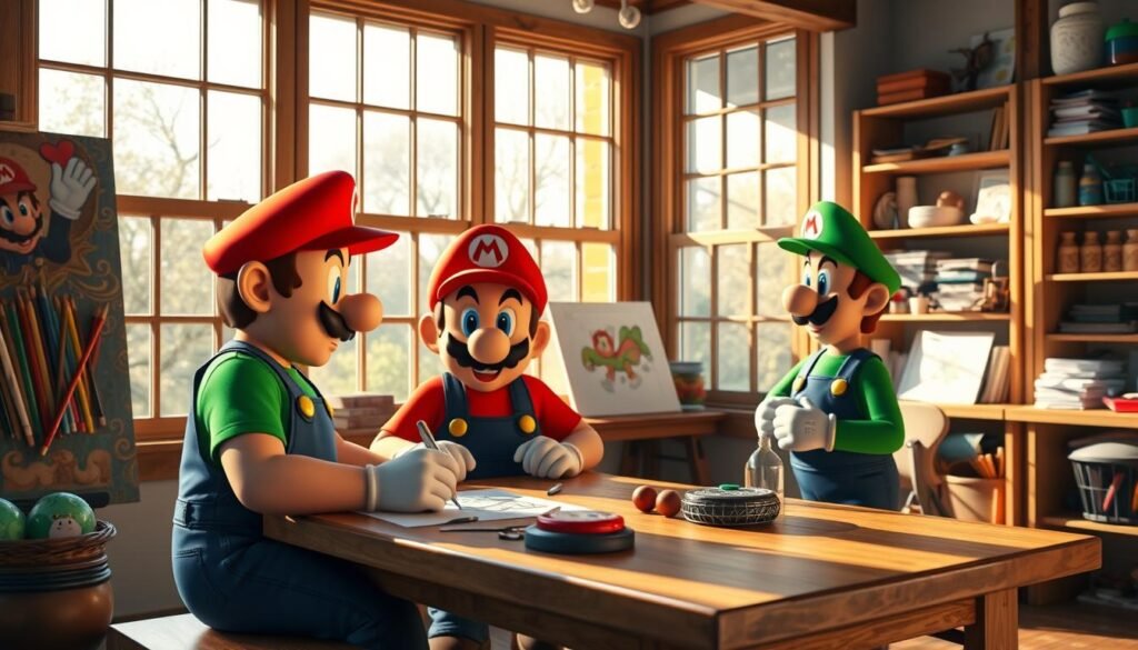 A cozy art studio with large windows bathing the room in warm, natural light. Mario and Luigi, the iconic video game brothers, sit at a wooden table, engaged in a drawing tutorial. Luigi carefully sketches, his brow furrowed in concentration, while Mario observes, offering suggestions with animated hand gestures. The brothers' distinctive overalls and caps add vibrant splashes of color to the scene. In the background, shelves display an array of art supplies, hinting at the creative process behind bringing these beloved characters to life.