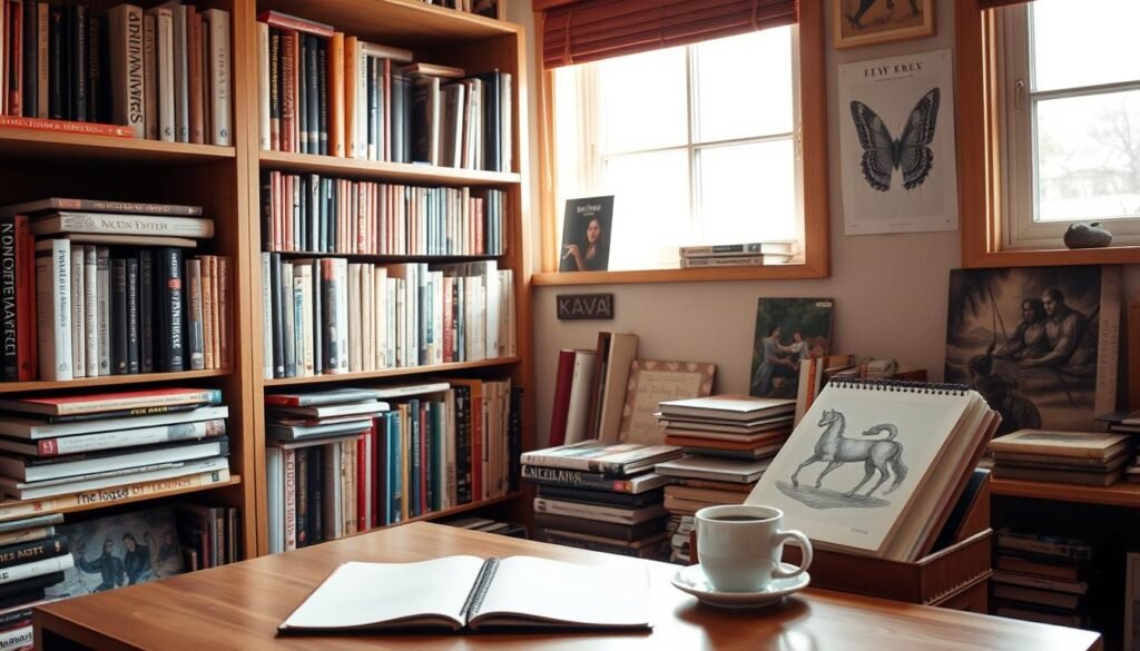 A cozy bookshelf filled with carefully curated drawing reference books in a warm, well-lit home studio. The books are arranged neatly, their spines showcasing a range of subjects from anatomy to landscapes. Soft natural light filters through a nearby window, casting a gentle glow over the scene. On the table in front of the bookshelf, a sketchpad and a cup of coffee sit, hinting at the creative process. The overall atmosphere is one of inspiration and focus, inviting the viewer to imagine themselves immersed in the art of drawing. A cozy bookshelf filled with carefully curated drawing reference books in a warm, well-lit home studio. The books are arranged neatly, their spines showcasing a range of subjects from anatomy to landscapes. Soft natural light filters through a nearby window, casting a gentle glow over the scene. On the table in front of the bookshelf, a sketchpad and a cup of coffee sit, hinting at the creative process. The overall atmosphere is one of inspiration and focus, inviting the viewer to imagine themselves immersed in the art of drawing.