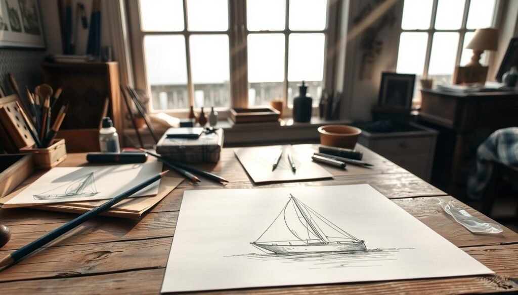 A cozy seaside studio with sunbeams filtering through a large window, illuminating a weathered wooden desk covered in delicate nautical sketches. Charcoal pencils, ink bottles, and paintbrushes lay scattered, hinting at the creative process. In the foreground, a half-finished drawing of a sailboat takes shape, its lines flowing with an artistic flair. The composition emphasizes the personal touch, capturing the essence of transforming a simple subject into a unique work of art. Soft, muted tones create an atmosphere of contemplation and artistic inspiration.
