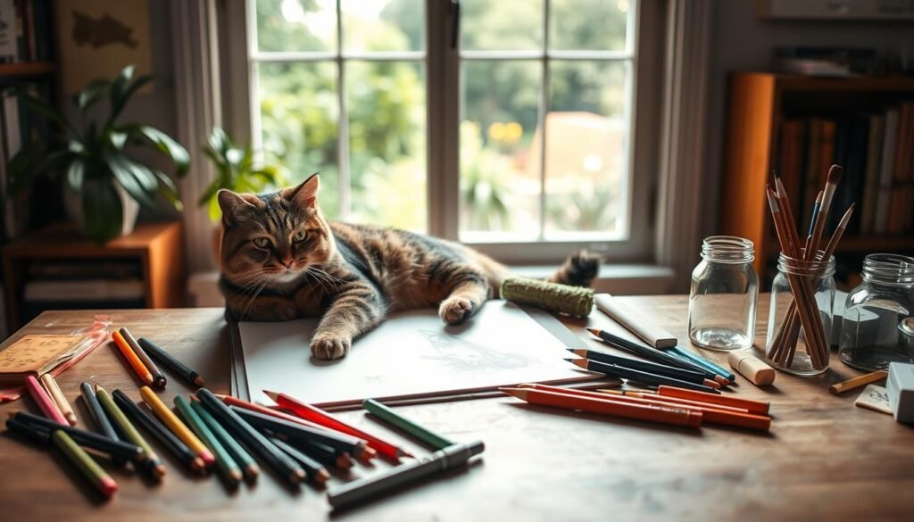 A cozy study with a large window overlooking a lush garden. On a well-organized desk, a tabby cat lounges, paw resting on a sketchpad. Scattered around are various drawing tools - colored pencils, fine-tipped pens, erasers, and a jar of brushes. Soft, natural lighting filters in, casting a warm glow on the scene. The cat's expression is one of calm focus, as if imparting its secrets of feline illustration. The background is hazy, blurring the details to keep the attention on the cat's tips and tricks for aspiring artists.