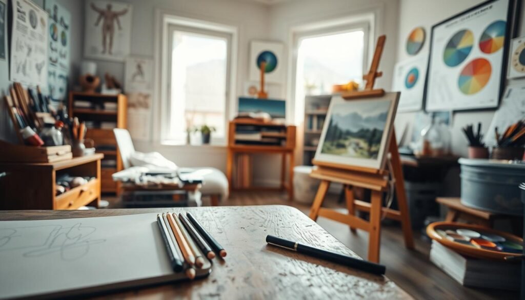 A cozy, well-lit studio filled with an artist's warm-up tools and exercises. In the foreground, a sketchpad and pencils lay on a worn wooden table, ready for quick gesture drawings. The middle ground showcases a variety of media - charcoal sticks, watercolor paints, and a small easel holding a half-finished landscape study. Towards the back, a large window floods the space with soft, natural light, casting a gentle glow on the scene. The walls are adorned with inspirational references, like anatomy charts and color wheels, hinting at the artist's dedication to continual improvement. An overall sense of calm focus permeates the composition, conveying the importance of these foundational warm-up practices.