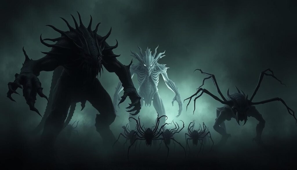 A dark, unsettling scene of unique monster designs. In the foreground, a hulking, asymmetrical creature with snarling maws and gnarled limbs. Behind it, a spectral, translucent figure with piercing, glowing eyes and a contorted, otherworldly form. In the middle ground, a swarm of smaller, insect-like beings with razor-sharp appendages. The background is shrouded in an eerie, atmospheric mist, lending an air of mystery and unease. The lighting is dramatic, with deep shadows and highlights that accentuate the monstrous features. The overall mood is one of dark, unsettling wonder, inviting the viewer to explore the depths of these innovative and creepy creature designs.