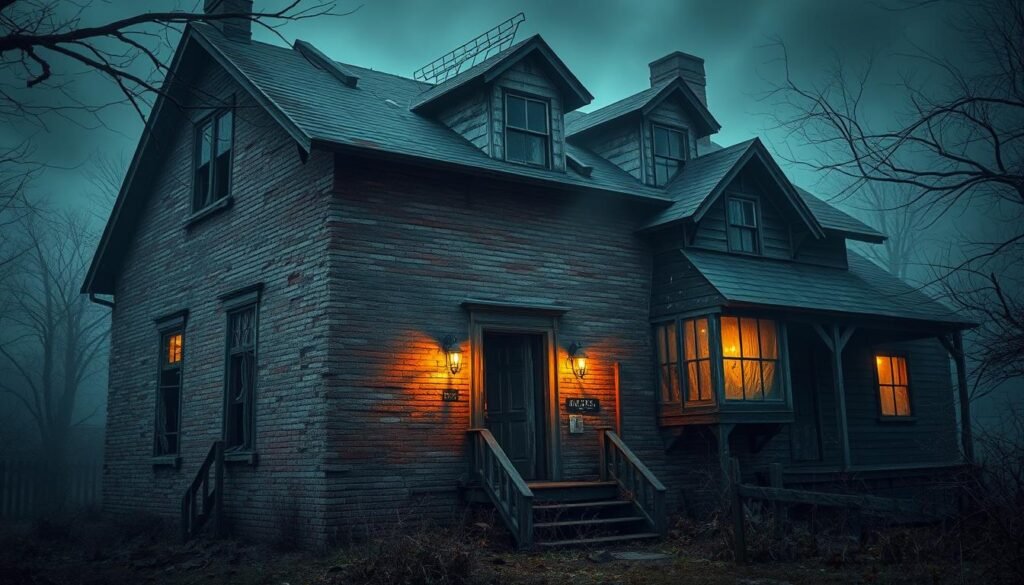 A decrepit and weathered haunted house, its facade shrouded in an eerie, atmospheric haze. Shadows stretch across the crumbling walls, accentuating the intricate textures of aged bricks and weathered wood. Flickering candlelight illuminates the grim details, casting an unsettling glow through the grimy, cobweb-covered windows. The roof is adorned with rusted, twisted metal, and the overgrown yard is blanketed in a thick, ominous fog. The overall scene evokes a sense of abandonment and dread, drawing the viewer deeper into the haunting atmosphere of this haunted abode.