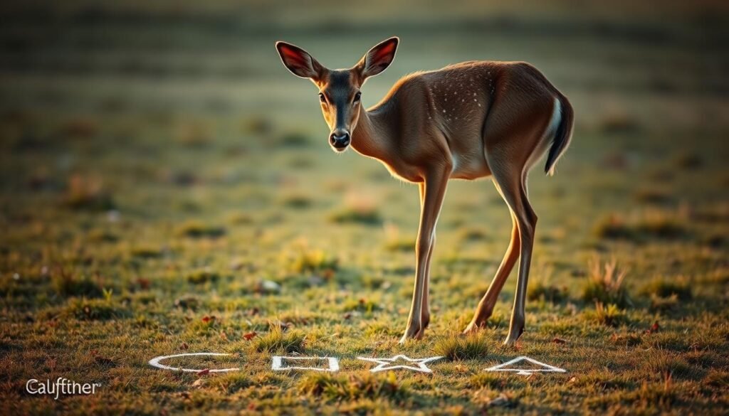 A deer standing gracefully on a grassy meadow, using its delicate hooves to carefully draw basic shapes - circles, squares, and triangles - onto the ground. The deer's alert yet serene expression is illuminated by soft, diffused lighting, creating a warm, contemplative atmosphere. The background is blurred, allowing the viewer to focus on the deer's intricate drawing process. The composition is balanced, with the deer positioned slightly off-center, adding visual interest. The overall scene evokes a sense of tranquility and the deer's innate connection to the natural world.