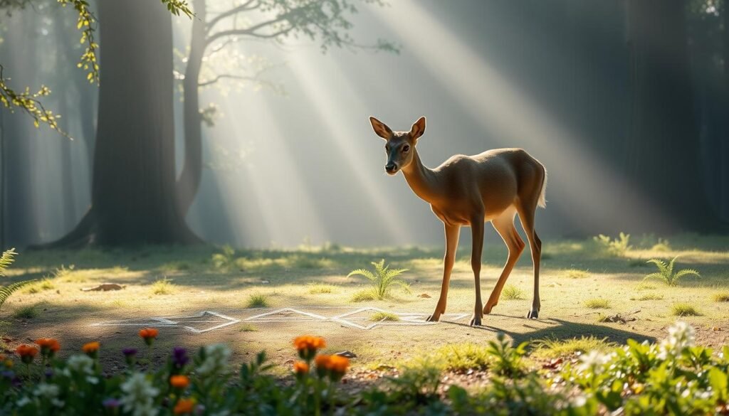 A deer standing in a serene forest glade, its gentle gaze focused as it meticulously draws geometric shapes on the ground with its hooves. The scene is bathed in soft, diffused sunlight filtering through the canopy above, casting delicate shadows that add depth and dimension. The deer's movements are graceful and deliberate, its body language exuding a sense of calm concentration. In the middle ground, vibrant wildflowers and lush ferns frame the deer, while the background fades into a hazy, dreamlike forest. The overall atmosphere is one of tranquility and mindful creativity, inviting the viewer to observe the deer's artistic process with wonder and appreciation.