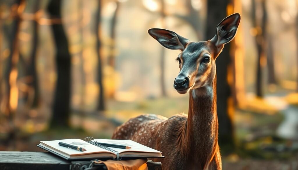 A deer standing in a serene woodland setting, its head cocked with a thoughtful expression, as it navigates the challenges of sketching wildlife. Warm, diffused lighting filters through the canopy, casting a soft glow on the deer's sleek fur and gentle features. In the middle ground, a sketchbook and charcoal pencils lie open, hinting at the artist's creative process. The background blurs into a dreamlike forest, with distant trees and a hint of a winding path, evoking a sense of contemplation and artistic discovery. The overall mood is one of quiet focus and the deer's graceful adaptability to the act of being observed and rendered.