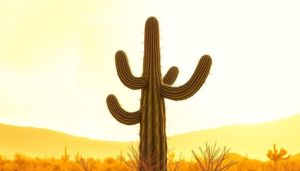 A desert cactus standing against a warm, golden sky, its spindly silhouette sketched in bold, gestural lines. The cactus is the focal point, with its distinctive triangular shapes and jagged edges captured in a series of expressive pencil strokes. The background is hazy and atmospheric, with a sense of depth and distance. The lighting is soft and diffused, casting gentle shadows that accentuate the cactus's form. The overall mood is one of simplicity and tranquility, inviting the viewer to explore the basic building blocks of this desert icon.