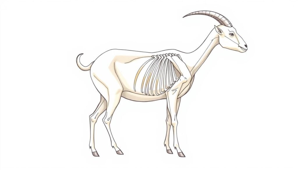 A detailed anatomical illustration of a goat, depicted in a clean, minimal style. The foreground features the basic shapes and forms that make up the goat's head, body, and limbs, rendered in smooth, geometric volumes. The middle ground showcases the goat's skeletal structure, with the bones and joints clearly visible. The background is a plain, white backdrop, allowing the subject to be the sole focus. The lighting is soft and even, emphasizing the three-dimensional forms and anatomical details. The overall mood is educational and informative, suitable for an instructional guide on drawing goats.