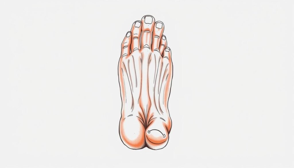 A detailed, anatomical illustration of the front view of a human foot, rendered with a technical, instructional style. The foot is shown in a neutral, resting position, capturing the intricate structure of the toes, instep, and ankle. Crisp, high-contrast lighting illuminates the contours and textures, emphasizing the shapes and proportions. The background is clean and minimal, free of distractions, allowing the foot to be the sole focus. The perspective is direct, providing a clear, comprehensive view suitable for a step-by-step drawing tutorial. The overall mood is one of informative clarity, guiding the viewer through the essential elements of the foot's front-facing anatomy.