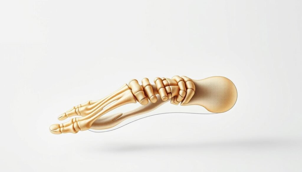 A detailed, anatomical illustration of the internal bone structure of a human foot, showcased in a neutral, clinical setting. The image should feature a clean, well-lit view of the foot's skeletal framework, highlighting the intricate arrangement of the tarsal, metatarsal, and phalangeal bones. The perspective should be a slightly elevated angle, allowing for a comprehensive understanding of the foot's complex architecture. The overall mood should convey a sense of scientific precision and educational value, suitable for inclusion in an instructional guide on drawing realistic feet.