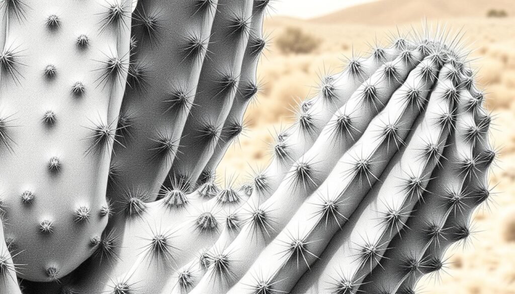 A detailed close-up drawing of a cactus, rendered in a realistic style. The foreground features the plant's thick, succulent leaves with intricate patterns of spines and scales, capturing the texture and geometry of the desert plant. The middle ground showcases a study of the cactus's stem, with its ridges and nodes clearly defined. In the background, subtle shading and highlights suggest the plant's natural environment, perhaps a desert landscape with a warm, golden-hued lighting. The overall composition emphasizes the unique, sculptural qualities of the cactus, inviting the viewer to appreciate the plant's form and fine details.