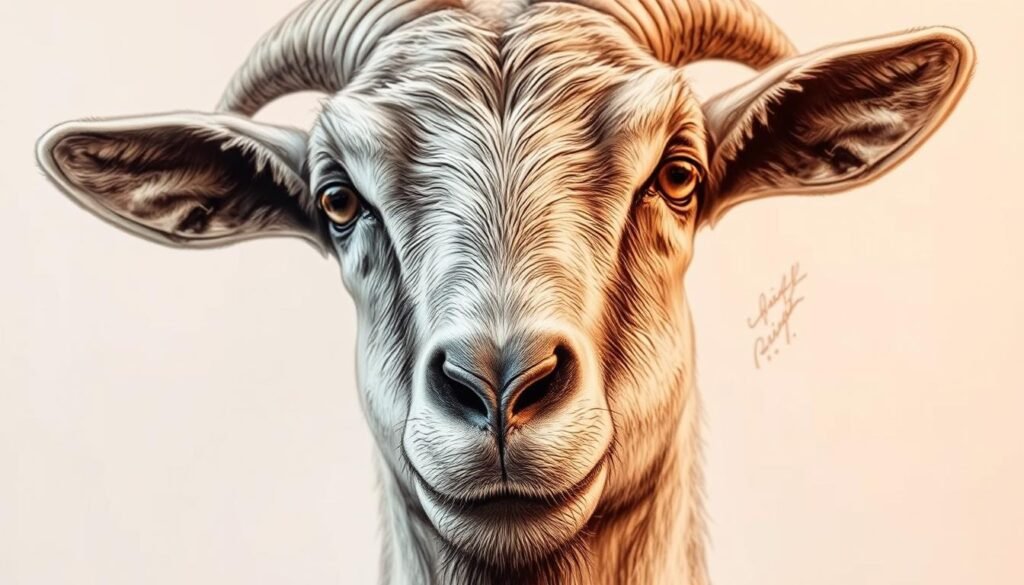 A detailed, close-up drawing of a goat's head, showcasing its intricate fur texture and facial features. The goat is rendered in a realistic, lifelike style, with a soft, warm lighting that accentuates the contours and shadows of its face. The composition focuses on the goat's eyes, nose, and mouth, capturing the expressive and captivating nature of this majestic animal. The background is muted and out of focus, allowing the viewer to concentrate on the nuanced details of the goat's fur and skin. The overall impression is one of a carefully observed and meticulously rendered study, ideal for illustrating the "Adding Details and Texture" section of the article.