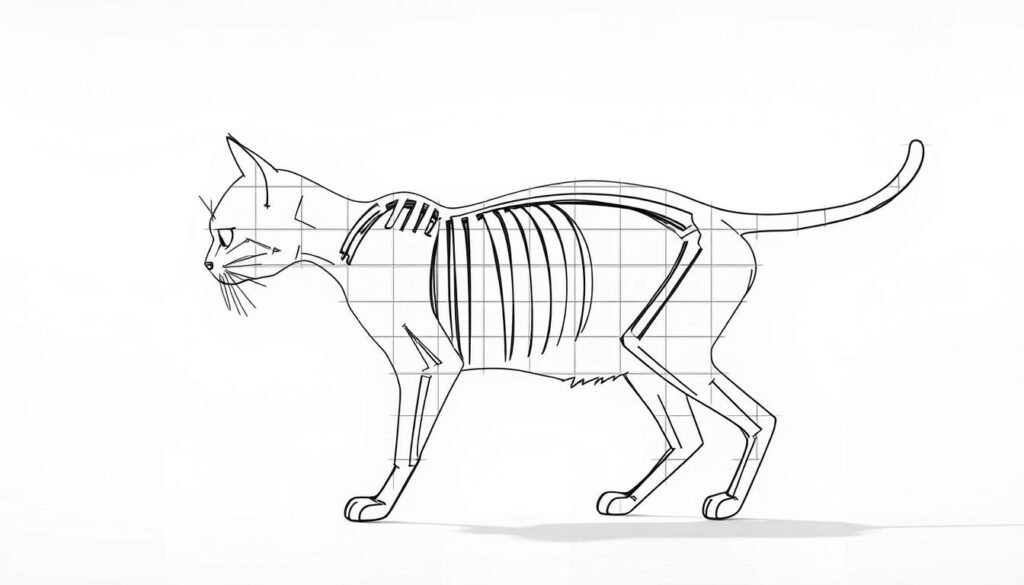 A detailed construction grid of a cat outline, showcasing the structural framework for a classic feline silhouette. The grid lines are crisp and precise, forming a clear skeletal structure against a clean, minimalist background. Soft, diffused lighting gently illuminates the grid, casting subtle shadows that accentuate the geometric pattern. The overall aesthetic is technical yet elegant, providing a visually informative foundation for an instructional guide on drawing cats.