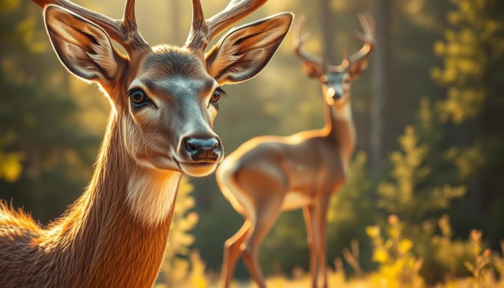 A detailed deer drawing study illuminated by warm, natural lighting. The deer's head is positioned in the foreground, with soft, expressive eyes and a delicate muzzle. Intricate fur textures and shading define the deer's facial features and neck. In the middle ground, the deer's body is rendered with precise anatomical accuracy, showcasing the graceful, muscular form. Subtle highlights accentuate the contours of the deer's legs and torso. The background depicts a lush, verdant forest, with a sense of depth and atmospheric perspective, creating a cohesive, naturalistic scene.