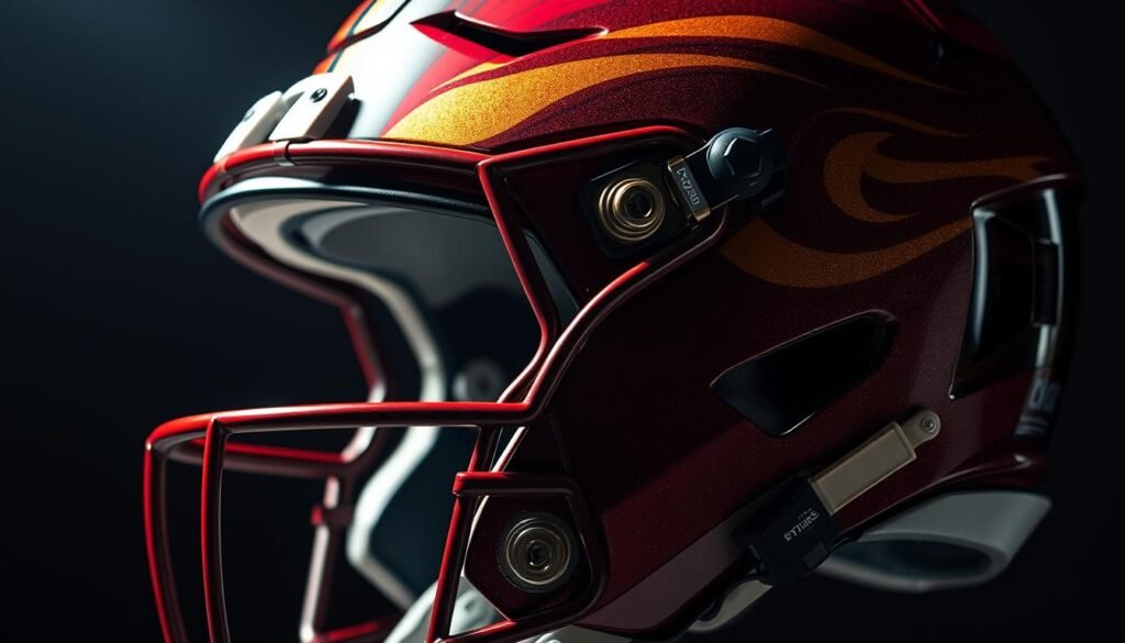 A detailed, expertly crafted football helmet with intricate color techniques and artistic flourishes. Vibrant hues of crimson, gold, and navy blue dance across the sleek, aerodynamic shell, each stroke and blend meticulously applied. Dramatic lighting casts deep shadows, highlighting the helmet's sculpted contours and textured finish. The perspective is slightly elevated, allowing the viewer to fully appreciate the skilled artistry and craftsmanship. An atmosphere of passion, precision, and the thrill of the game permeates the scene, inspiring awe and wonder in the observer.