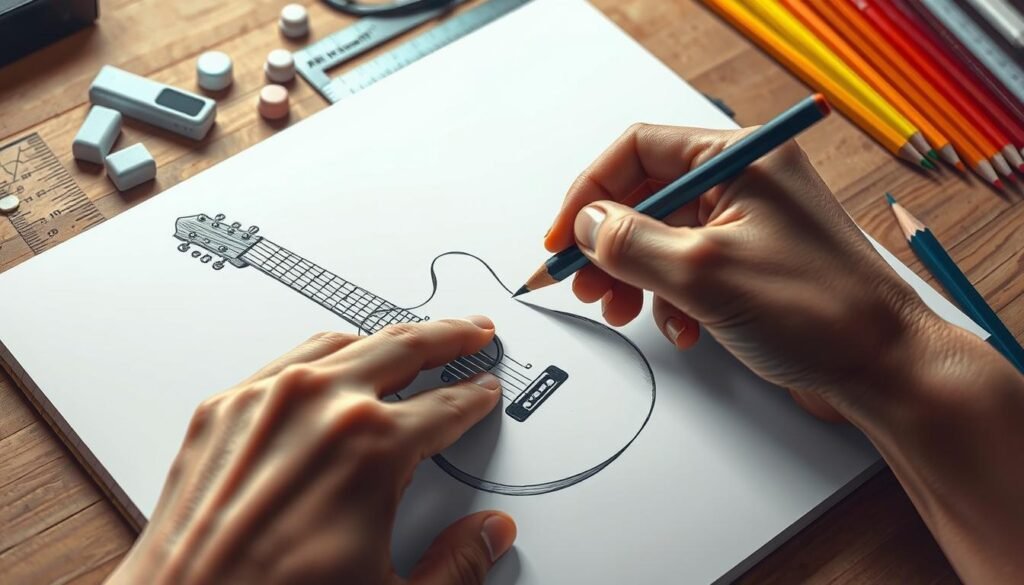 A detailed, high-quality digital illustration depicting guitar drawing refinement techniques. In the foreground, a hand holding a pencil is carefully refining the contours and details of a guitar sketch on a sketchpad. The background features various art supplies such as erasers, a ruler, and a set of colored pencils, creating a studio-like atmosphere. The lighting is soft and diffused, highlighting the delicate nature of the drawing process. The overall mood is one of focus and attention to detail, reflecting the care and skill required to create a visually compelling guitar illustration.