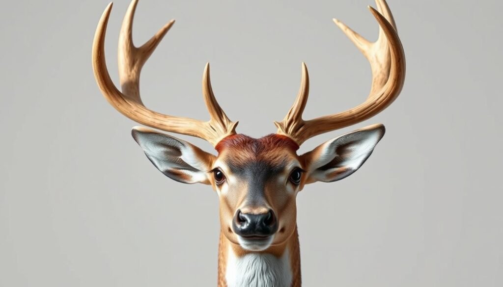 A detailed, high-resolution portrait of a deer head, with a strong emphasis on the intricate antlers, piercing eyes, and fine-grained texture of the fur. Capture the majestic and regal presence of the animal, illuminated by soft, natural lighting that accentuates the contours and depth of the features. Compose the image with the deer head occupying the central focus, framed against a clean, neutral background to allow the subject to stand out. Strive for a realistic, photographic-quality rendering that showcases the elegance and grace of the deer, perfectly suited to illustrate the "Adding Details: Antlers, Eyes, and Finishing Touches" section of the article.