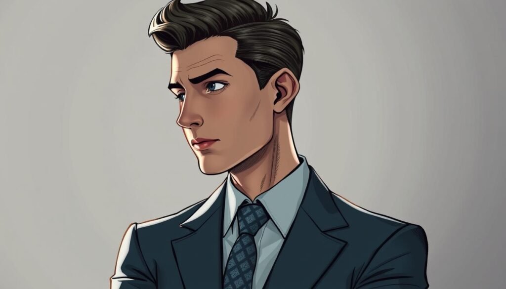 A detailed, highly-textured character illustration depicting a male figure in a thoughtful, contemplative pose. The subject is dressed in a crisp, well-tailored suit with a subtly patterned tie, his hair styled in a neat, professional coiffure. The lighting is soft and directional, casting dramatic shadows that accentuate the subject's facial features and the fine details of the clothing. The background is blurred and minimalistic, allowing the viewer to focus on the character's intricate design and unique, individualistic characteristics. The overall mood is one of sophistication, elegance, and a touch of artistic flair, capturing the essence of the "Adding Clothes, Hair, and Unique Character Details" section of the figure drawing guide.