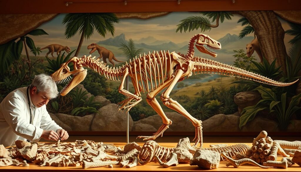 A detailed paleontological illustration depicting the process of reconstructing a prehistoric dinosaur. In the foreground, a paleontologist meticulously assembles fossilized bones, recreating the form and posture of the ancient creature. The middle ground showcases a scale model of the dinosaur, with translucent overlays highlighting the muscle structures and skeletal framework. In the background, a mural-like display depicts the environmental context, with lush prehistoric flora and fauna surrounding the reconstruction. Warm, natural lighting casts a soft glow, creating an atmosphere of scientific exploration and discovery. The scene conveys the rigorous, yet captivating, nature of palaeoart techniques used to uncover the mysteries of the dinosaur world.