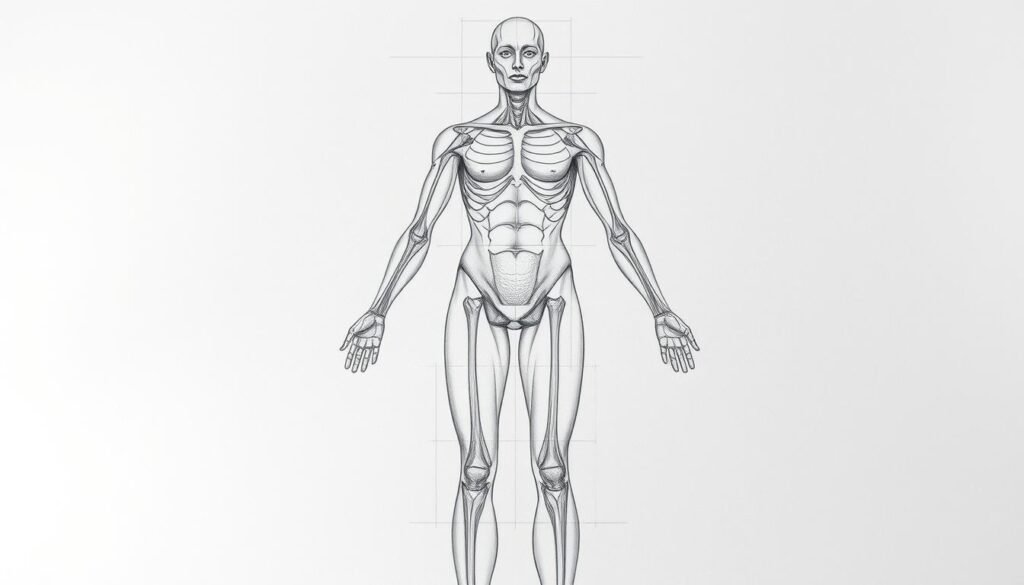 A detailed pencil drawing of the construction of a human figure, showcasing the essential components of the body, arms, and legs. The figure is presented in a frontal view, with a clear emphasis on the underlying structure, anatomical landmarks, and proportional relationships. The lines are crisp and precise, guiding the viewer through the process of building the form from the basic shapes and volumes. The lighting is soft and diffused, creating subtle shadows that accentuate the three-dimensional quality of the illustration. The overall mood is educational and instructive, inviting the viewer to engage with the subject matter and learn the fundamental principles of figure drawing.