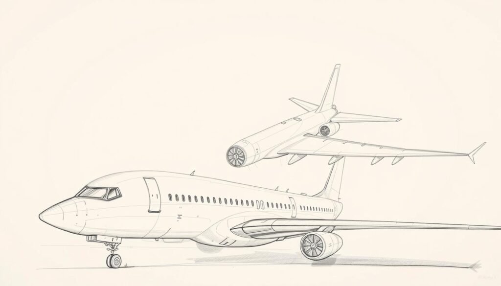 A detailed pencil sketch of an airplane, showcasing various design elements and technical features. The foreground depicts the aircraft's sleek fuselage, meticulously rendered with precise linework, capturing the intricate curves and contours. In the middle ground, the wings are illustrated with attention to the aerofoil profiles, flaps, and control surfaces, highlighting the engineering complexity. The background features a minimalist, clean backdrop, allowing the focus to remain on the technical drawing. The lighting is soft and diffused, creating subtle shadows that accentuate the three-dimensional form. The overall atmosphere conveys a sense of technical precision and artistic exploration, inspiring the viewer to appreciate the beauty of aviation design.