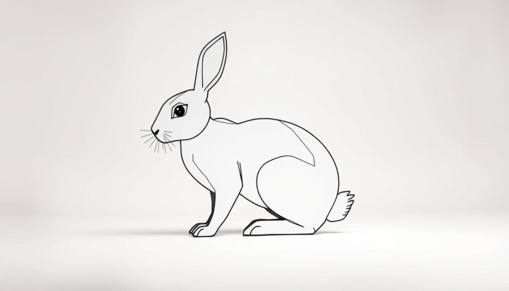 A detailed rabbit outline with construction lines and basic shapes, rendered in a clean, minimalist style. The rabbit's form is depicted with precise geometric shapes and smooth, flowing lines, emphasizing the underlying structure and anatomy. The composition places the rabbit in the center, with a plain, neutral background that allows the subject to be the primary focus. The lighting is soft and diffused, creating a serene, contemplative atmosphere suitable for an instructional art guide.