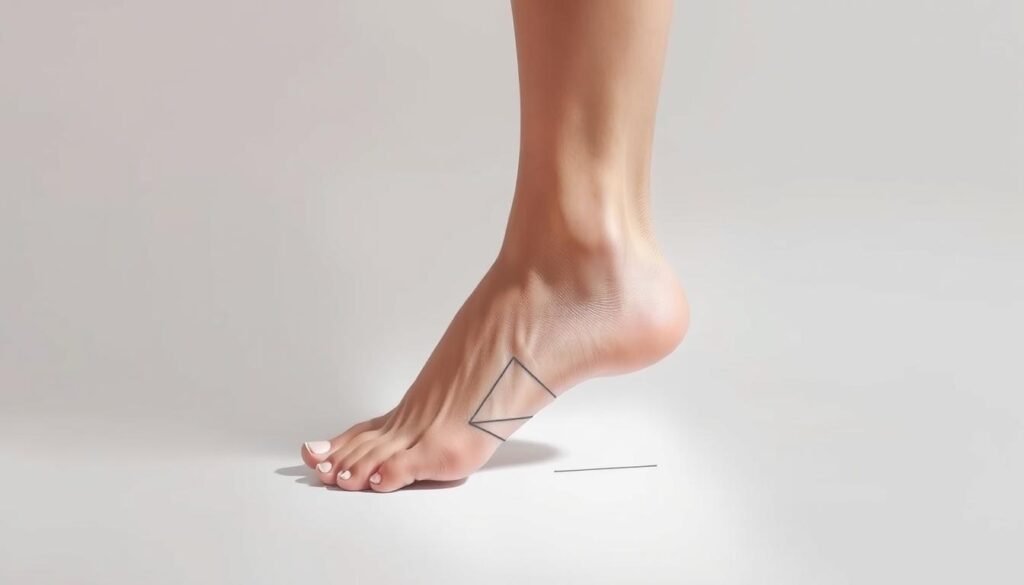 A detailed, realistic foot drawing demonstration, showcasing the basic wedge method. The foot is positioned in a three-quarter view, with the toes pointing slightly outward. The drawing is rendered in a clean, technical style, using light, shadow, and crisp linework to clearly delineate the key geometric forms - the wedge-shaped heel, the tapered toes, and the pronounced knuckle joints. The background is a neutral, minimalist setting, allowing the foot to be the sole focus. Soft, even lighting illuminates the foot from the upper left, creating subtle highlights and shadows that accentuate the dimensional qualities of the form. The overall mood is one of instructional clarity, guiding the viewer through the fundamental process of breaking down the foot into its essential shapes.