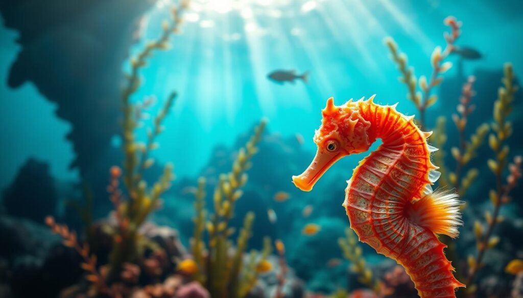 A detailed seahorse swimming against a vibrant underwater backdrop, showcasing various coloring techniques. In the foreground, the seahorse's intricate scales are rendered in a spectrum of shimmering hues, from deep azure to vibrant coral. The middle ground features a lush seascape with swaying kelp and schools of tropical fish, illuminated by dappled sunlight filtering through the water. In the background, a sense of oceanic depth is achieved through a gradual fade into the mysterious depths. The overall composition captures the whimsical and delicate nature of the seahorse, inviting the viewer to explore the nuances of color and texture that bring this marine creature to life.