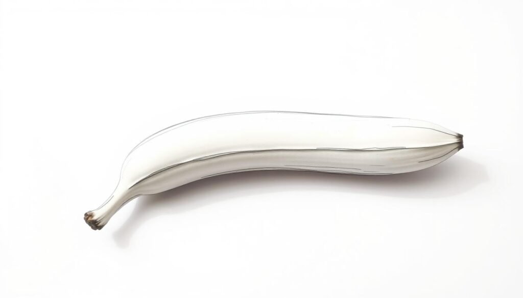 A detailed sketch of a banana, laying horizontally on a plain white background, with a soft, natural lighting illuminating the fruit. The sketch is rendered in a clean, minimalist style, highlighting the key anatomical features and proportions of the banana - the elongated, curved shape, the gradual tapering towards the ends, the distinct peel segments, and the subtle shadow cast by the fruit. The overall mood is one of simplicity, focus, and an educational, instructional quality, conveying the fundamental elements necessary to accurately depict a banana in a drawn form.