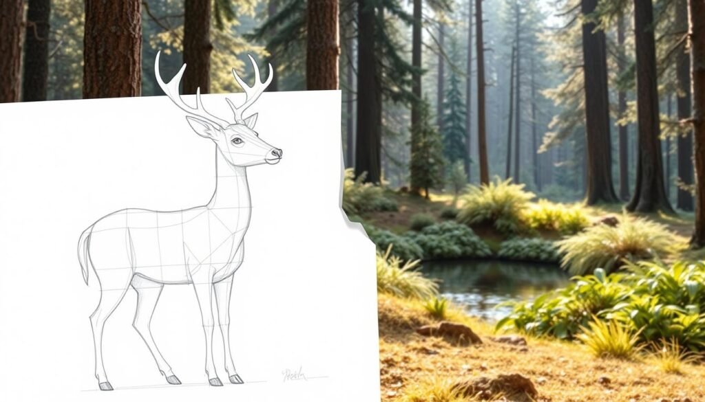 A detailed step-by-step guide for drawing a deer, set against a serene natural backdrop. In the foreground, a carefully rendered pencil sketch depicts the deer's anatomy, with precise guidelines and construction lines guiding the viewer through the process. In the middle ground, a partially completed deer drawing showcases the gradual buildup of shapes, proportions, and shading techniques. The background features a lush forest scene with tall trees, ferns, and a tranquil pond, all rendered in a soft, atmospheric style that evokes a sense of calm and immersion. Soft, natural lighting illuminates the scene, casting gentle shadows and highlights that enhance the depth and dimensionality of the composition. The overall mood is one of peaceful contemplation and artistic instruction, inviting the viewer to embark on their own deer drawing journey.