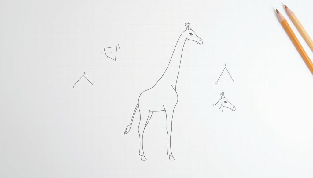 A detailed step-by-step guide for drawing a giraffe, showcasing the construction process in a minimalist, technical style. A central giraffe outline in the foreground, surrounded by a series of faint construction lines and geometric shapes illustrating the step-by-step progression. The background is a clean, white workspace with a subtle grid pattern, creating a sense of structure and order. Muted colors and soft, directional lighting produce a calm, educational atmosphere suitable for an instructional illustration.