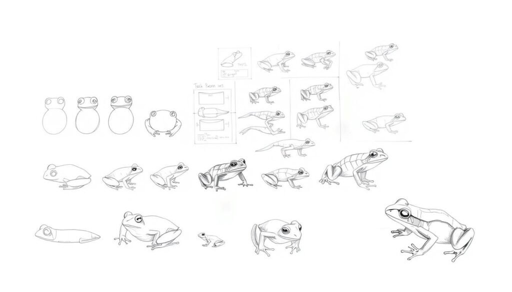A detailed step-by-step guide to drawing a frog, set against a clean white background with light shadows. The foreground features a series of progressively more complex frog sketches, demonstrating the stages of construction from basic shapes to a fully rendered amphibian. The middle ground includes a variety of reference materials such as anatomical diagrams and pencil studies, arranged in an organized layout. The background has a subtle grid pattern, suggesting a methodical, instructional approach. The overall mood is educational, focused, and accessible, encouraging the viewer to follow along and learn the craft of frog illustration.