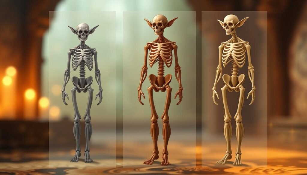 A detailed step-by-step illustration of an elf body construction process. In the foreground, a stylized anthropomorphic elf figure in a neutral pose, with visible skeletal structure, muscle groups, and articulated joints. In the middle ground, transparent overlays showcasing the construction layers - from the underlying skeletal frame to the addition of musculature, organs, and skin. The background features a warm, ethereal environment with soft lighting, blurred patterns, and a hint of magical energy, setting an enchanted, instructional tone. The overall composition emphasizes anatomical accuracy, artistic flair, and a sense of fantastical technical proficiency.